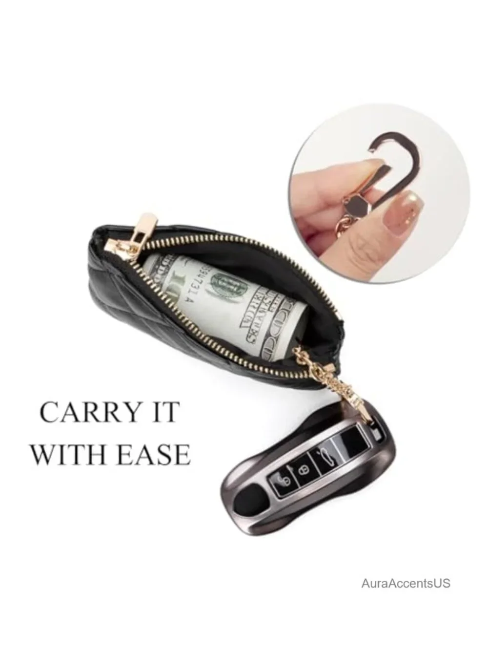 Quilted PU Leather Coin Purse with Keychain - Small Change Pouch & Card Holder